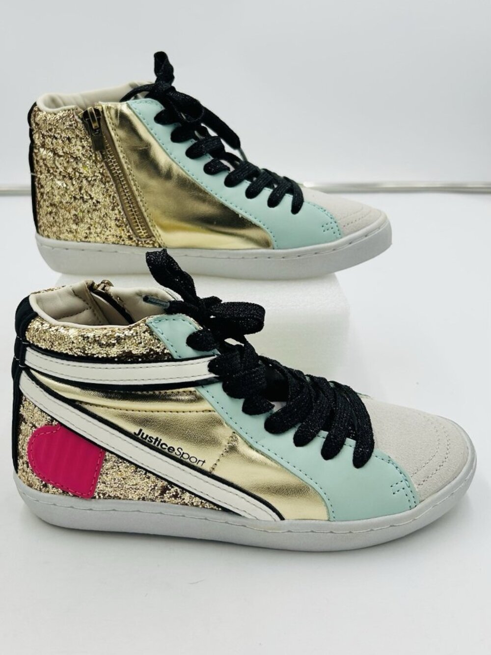 Justice Sport Girls Zip-Up High-Top Sneakers Metallic Sz 2 Gold Glitter NEW